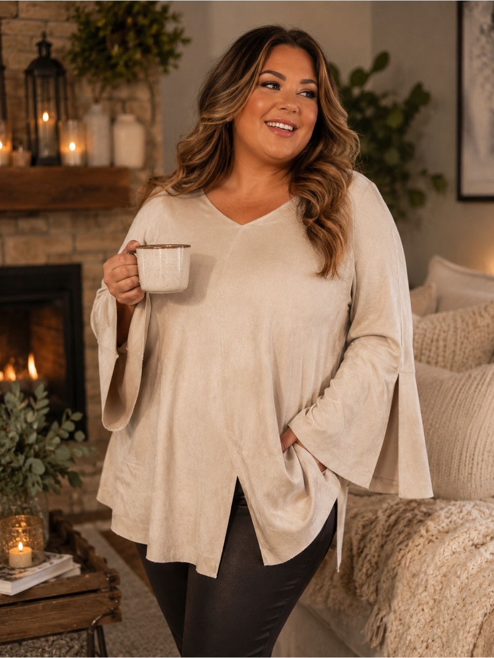 Soft Surroundings Beige Faux Suede Tunic Top 1X Bell Sleeve Cozy Luxe Blouse